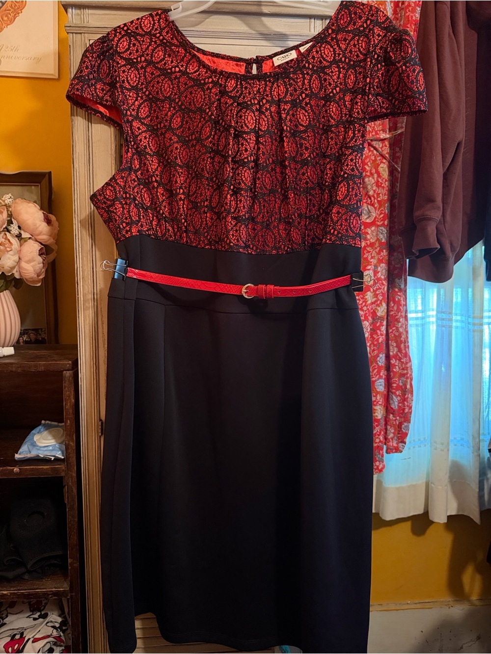 Cato Red and Black Midi Dress with Red Belt
